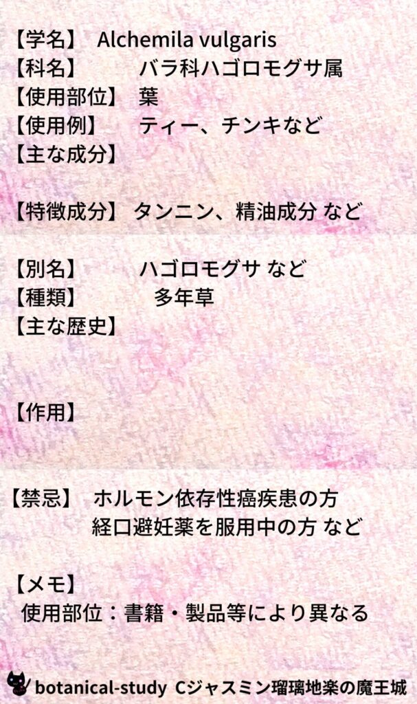 レディースマントルとCジャスミン瑠璃地楽のアロマハーブプチ辞典@botanical-study/ハーブ